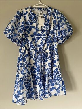 Sugarlips White Dress with Blue Floral Print and Puff Sleeves